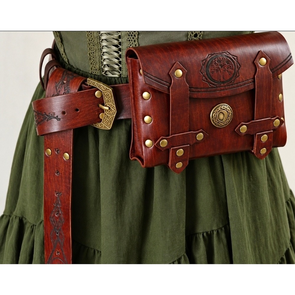Brown Faux Leather Renaissance Belt Bag Tree of Life Moon Embossed Waist Pouch